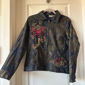 Chicos Blue and gold embroidered beaded sequin denim jacket
size 1(M)